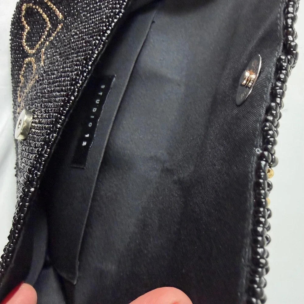 New Handcrafted Black Gold Beaded Heart Shoulder Bag Evening Purse‎ NWT